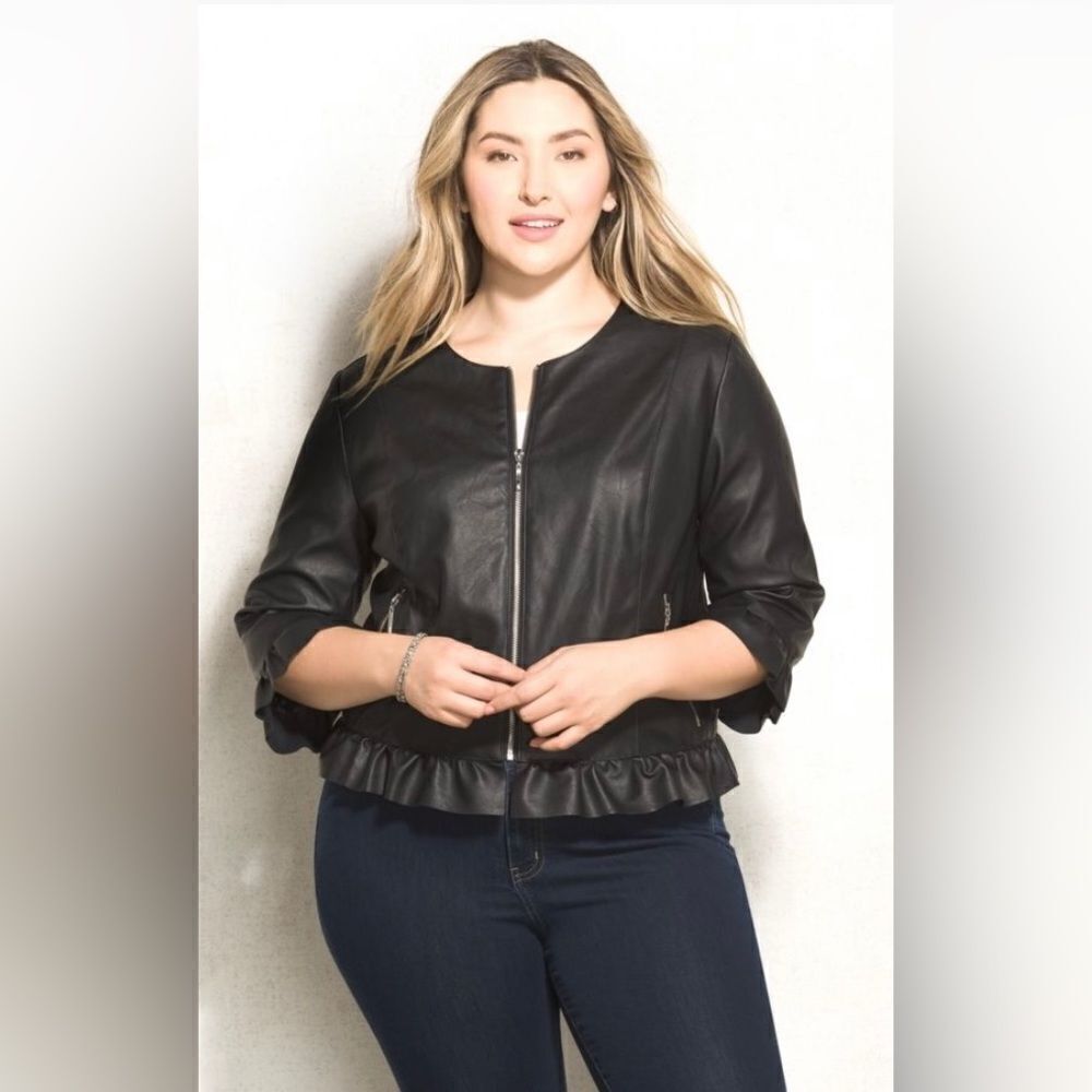 Ruffle Faux Pu Leather Three-Quarter Sleeve jacket